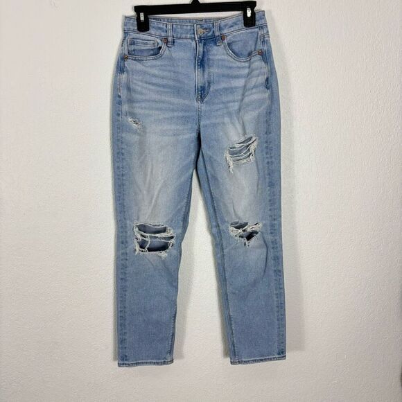 American Eagle High Waisted Distressed Straight Leg Mom Jeans - Picture 1 of 6